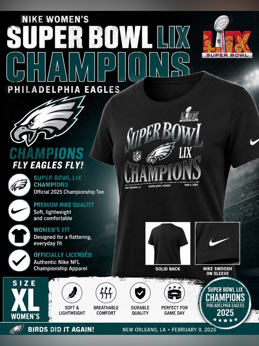 Nike Philadelphia Eagles Super Bowl LIX Champions Women's T-Shirt Black XL NFL - Picture 6 of 8